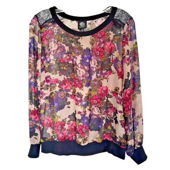 Bobeau Women's Sheer Blouse Long Sleeve Floral Colorful Size S Multicolor - Picture 1 of 8